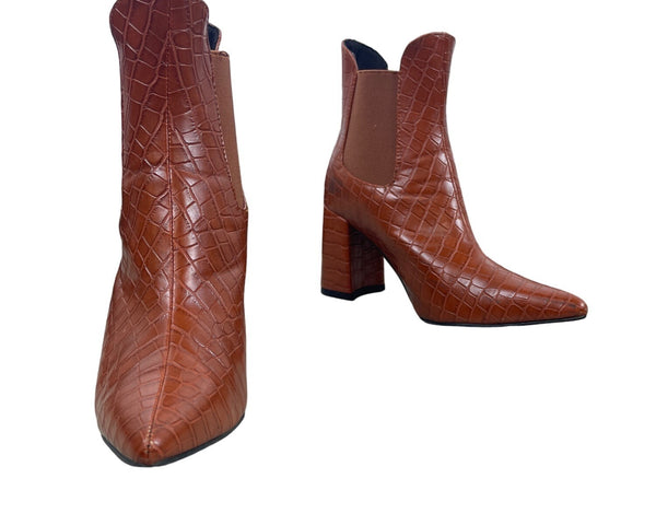 Unbranded Women's Orange Croc Skin Style Block Heel Pointed Toe Ankle Boots Sz 39