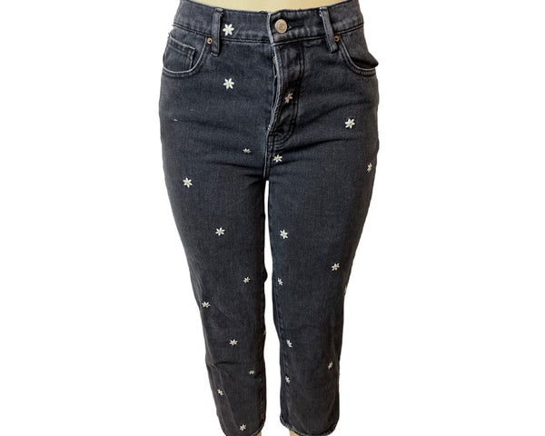 Pacsun Women's Faded Black High Rise Daisy Embroidered Straight Leg Jeans Sz 26