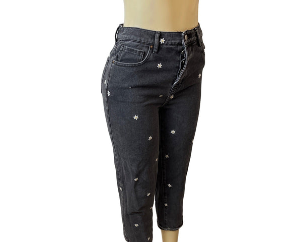 Pacsun Women's Faded Black High Rise Daisy Embroidered Straight Leg Jeans Sz 26