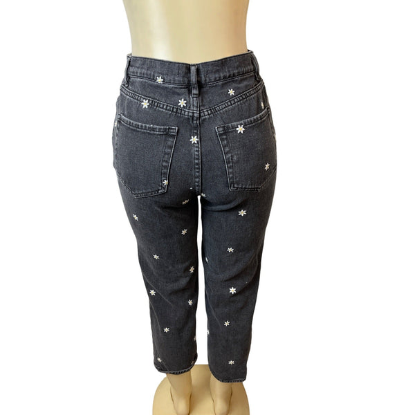 Pacsun Women's Faded Black High Rise Daisy Embroidered Straight Leg Jeans Sz 26