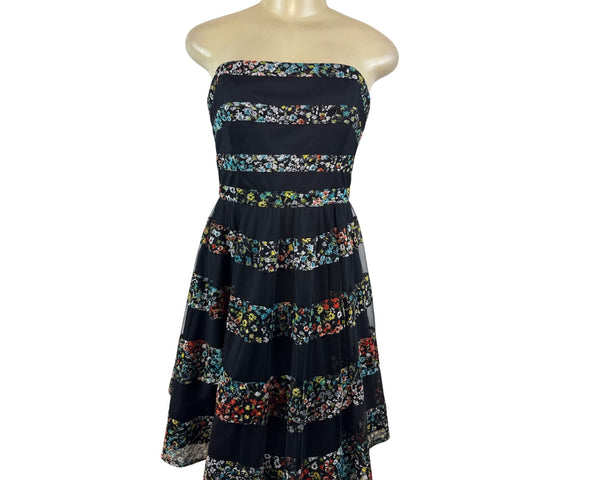 Betsey Johnson Strapless Floral Striped Midi Dress With Back Zipper Closure Sz 8