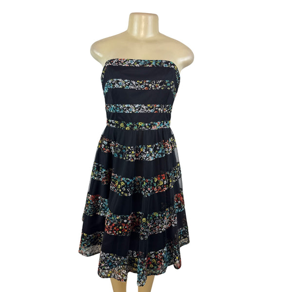 Betsey Johnson Strapless Floral Striped Midi Dress With Back Zipper Closure Sz 8