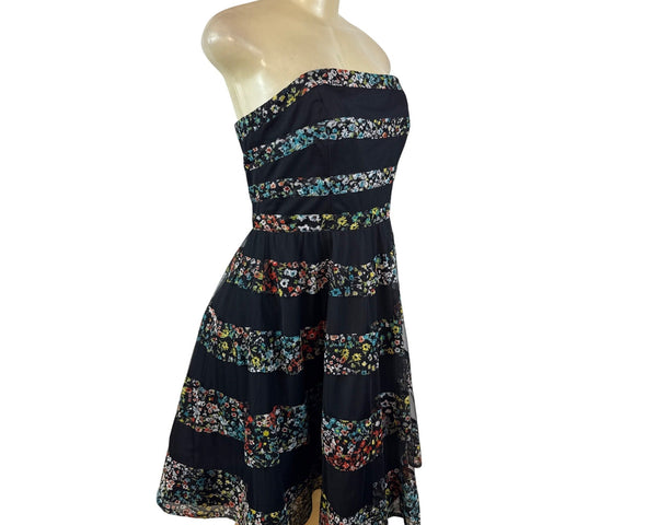Betsey Johnson Strapless Floral Striped Midi Dress With Back Zipper Closure Sz 8
