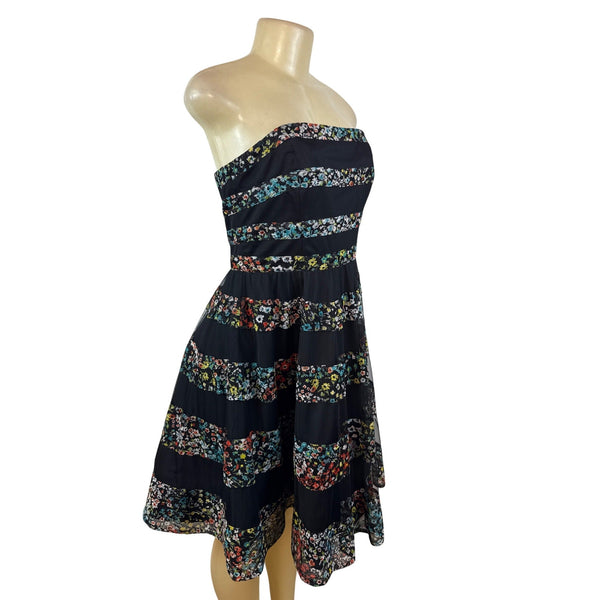 Betsey Johnson Strapless Floral Striped Midi Dress With Back Zipper Closure Sz 8