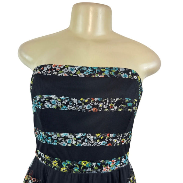 Betsey Johnson Strapless Floral Striped Midi Dress With Back Zipper Closure Sz 8