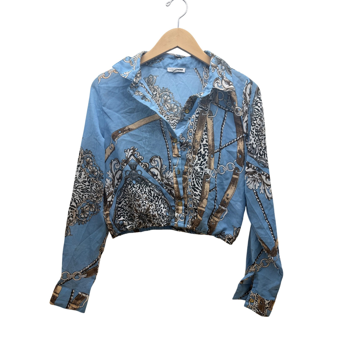 Fashion Nova Womens Blue Chain Print Long Sleeve Cropped Blouse Size L