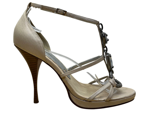 Beverly Feldman Women’s Beige Leather Rhinestone Detail T-Strap Heels Size 7.5M