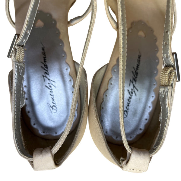 Beverly Feldman Women’s Beige Leather Rhinestone Detail T-Strap Heels Size 7.5M