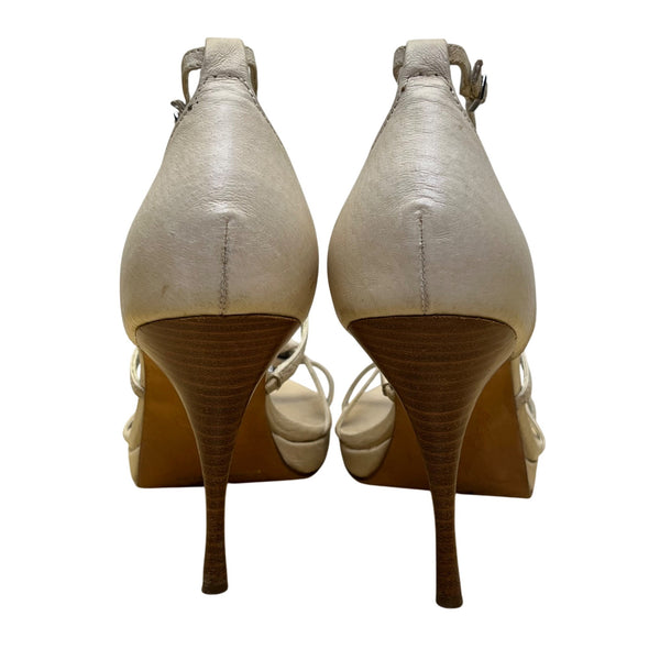 Beverly Feldman Women’s Beige Leather Rhinestone Detail T-Strap Heels Size 7.5M