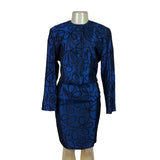 Tahari Vtg Blue Set With Black Swirl Design Details Blazer sz 15 Skirt sz 10
