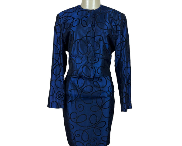Tahari Vtg Blue Set With Black Swirl Design Details Blazer sz 15 Skirt sz 10