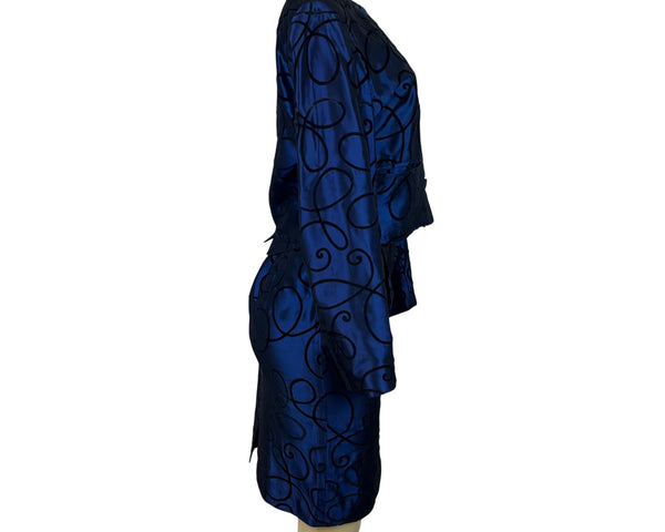 Tahari Vtg Blue Set With Black Swirl Design Details Blazer sz 15 Skirt sz 10