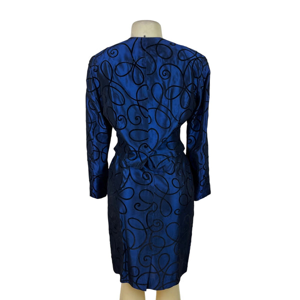 Tahari Vtg Blue Set With Black Swirl Design Details Blazer sz 15 Skirt sz 10