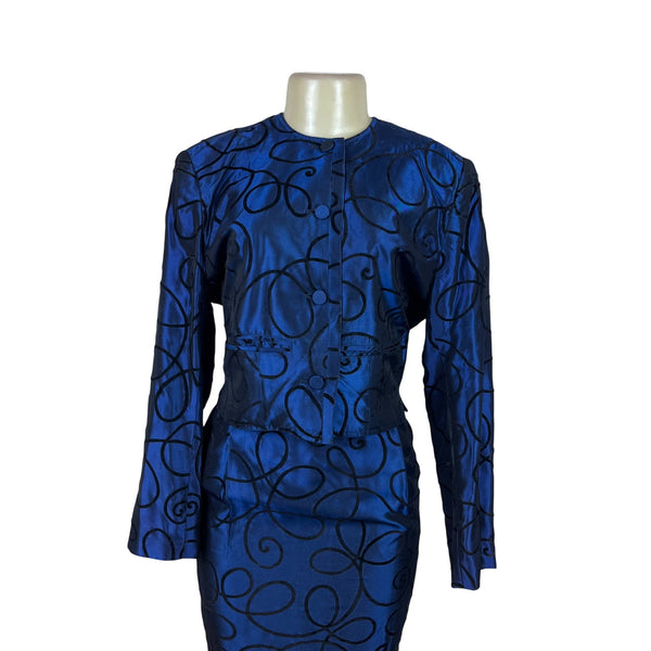 Tahari Vtg Blue Set With Black Swirl Design Details Blazer sz 15 Skirt sz 10