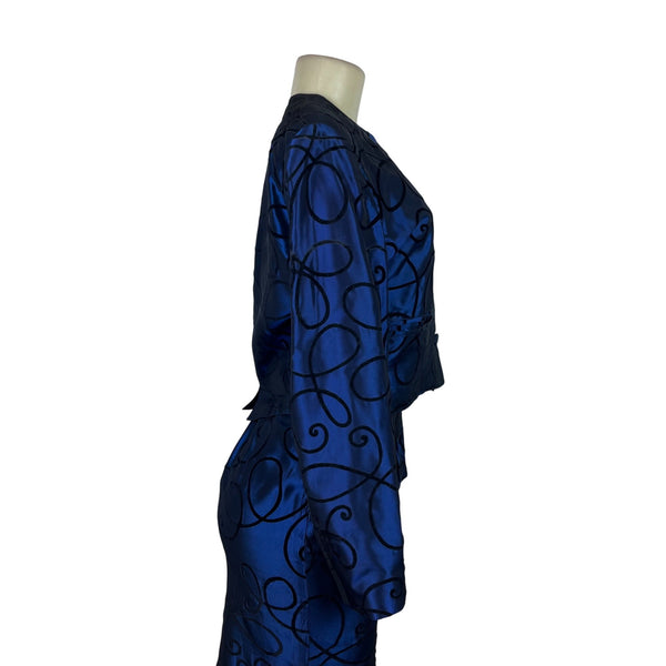 Tahari Vtg Blue Set With Black Swirl Design Details Blazer sz 15 Skirt sz 10