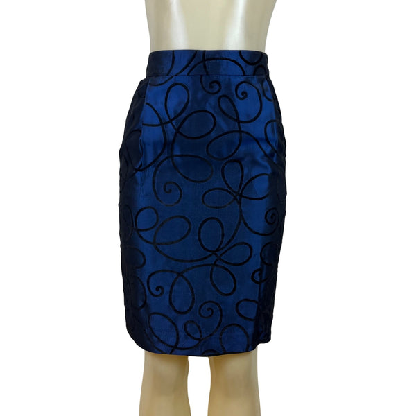 Tahari Vtg Blue Set With Black Swirl Design Details Blazer sz 15 Skirt sz 10