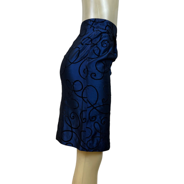 Tahari Vtg Blue Set With Black Swirl Design Details Blazer sz 15 Skirt sz 10