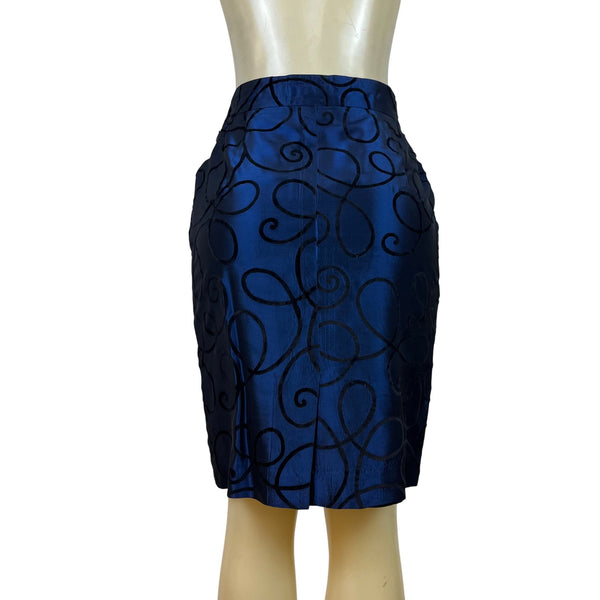 Tahari Vtg Blue Set With Black Swirl Design Details Blazer sz 15 Skirt sz 10