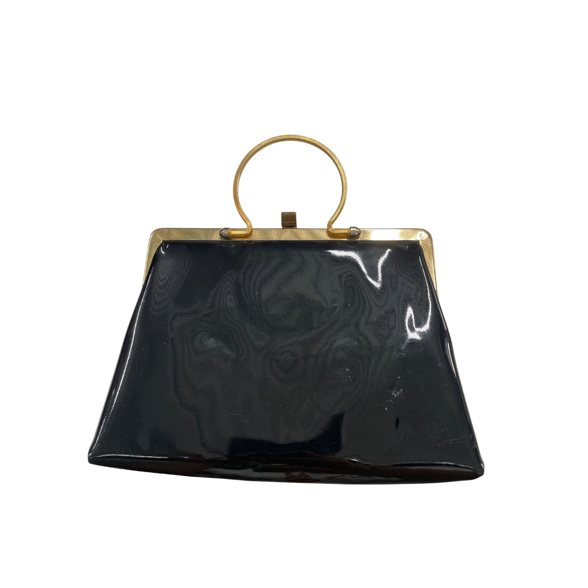Vintage Black Frame Clutch Purse With Gold Tone Metal Handle And Satin Lining