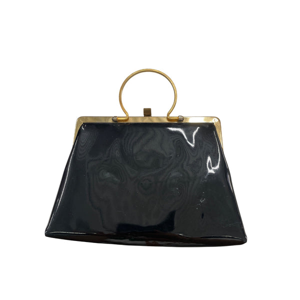 Vintage Black Frame Clutch Purse With Gold Tone Metal Handle And Satin Lining