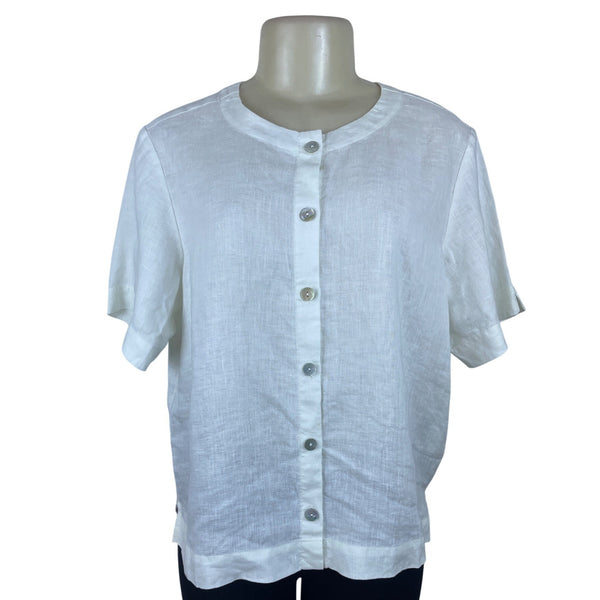Orvis Women's White Linen Button Up Short Sleeve Blouse Size M