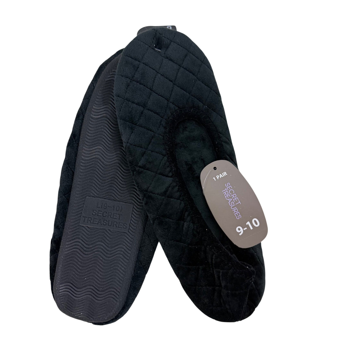 Secret Treasures Womens Black Quilted Slippers Velvet 9-10 Soft Indoor Flats