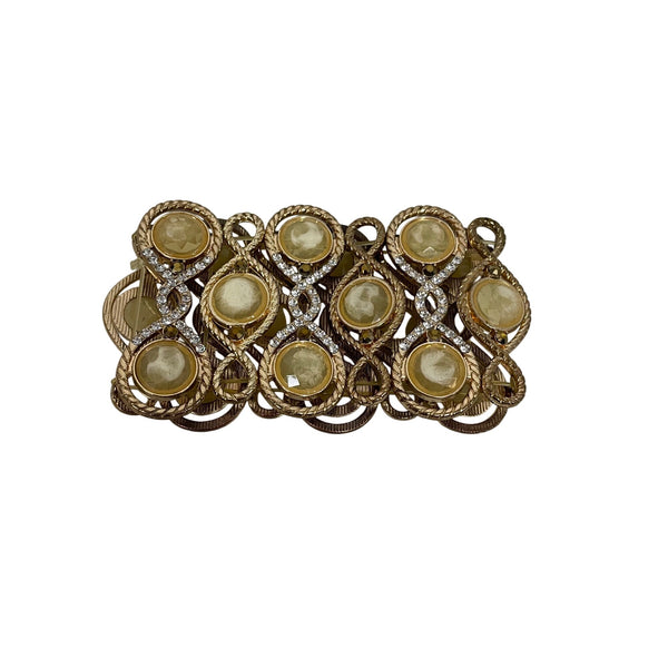Vintage Gold-Tone Womens Brooch With Rhinestones & Yellow Cabochon-Style Accents