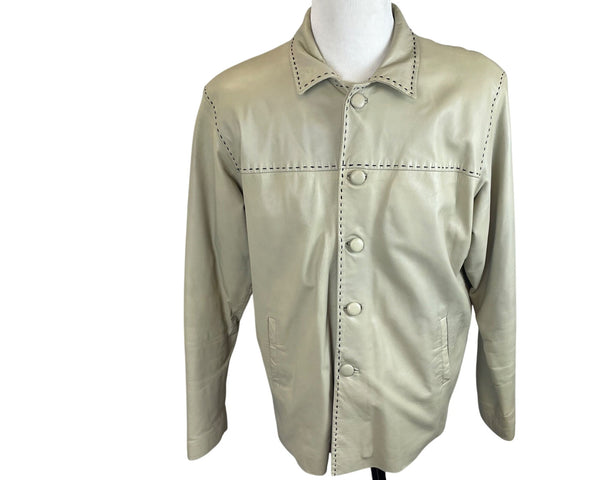 Vintage Joy Leather Beige Mens Button Front Jacket With Stitch Detail Coat Sz L