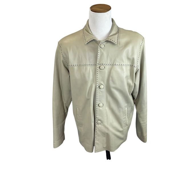 Vintage Joy Leather Beige Mens Button Front Jacket With Stitch Detail Coat Sz L