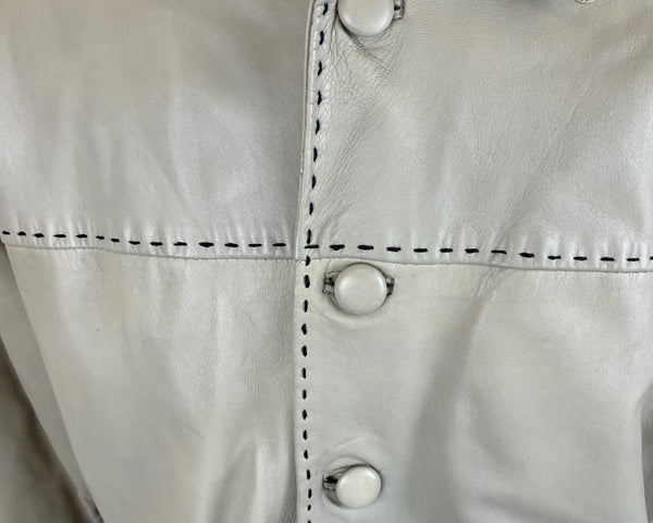 Vintage Joy Leather Beige Mens Button Front Jacket With Stitch Detail Coat Sz L