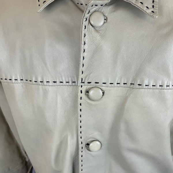 Vintage Joy Leather Beige Mens Button Front Jacket With Stitch Detail Coat Sz L