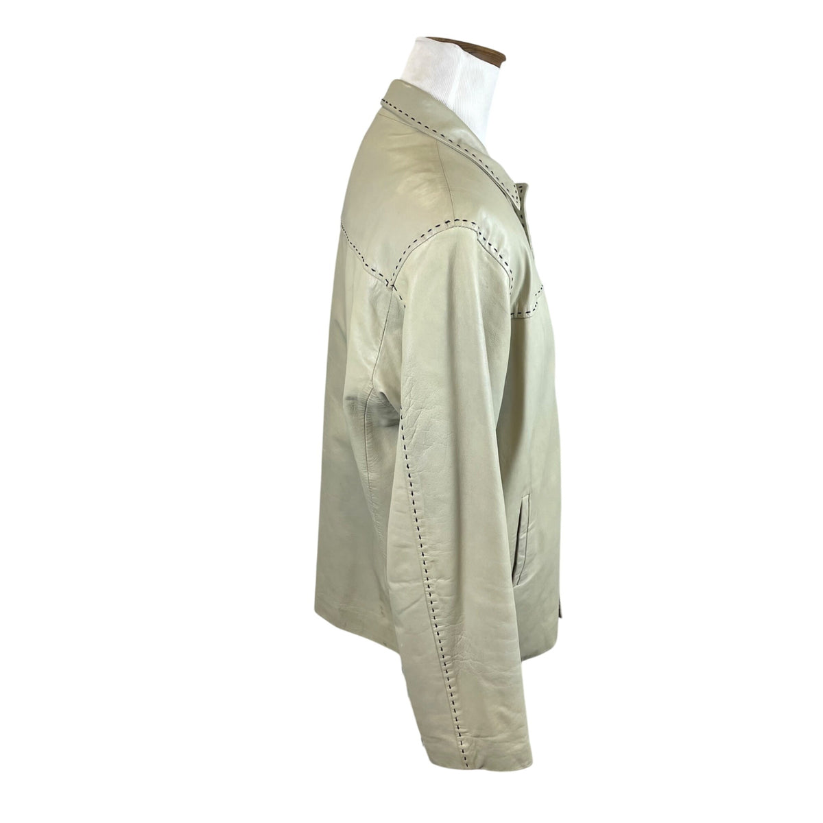 Vintage Joy Leather Beige Mens Button Front Jacket With Stitch Detail Coat Sz L