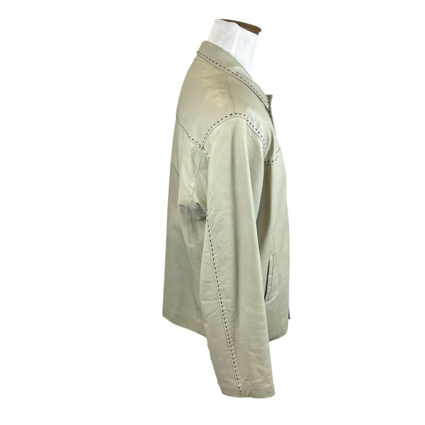 Vintage Joy Leather Beige Mens Button Front Jacket With Stitch Detail Coat Sz L
