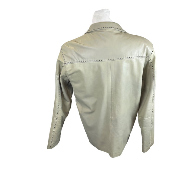 Vintage Joy Leather Beige Mens Button Front Jacket With Stitch Detail Coat Sz L