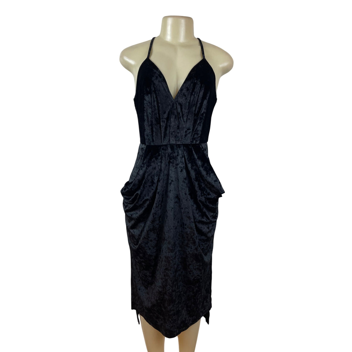 BCBGeneration Black Velvet Halter Midi Dress With Draped Pockets Size S - New