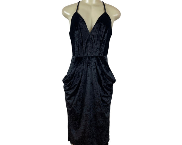 BCBGeneration Black Velvet Halter Midi Dress With Draped Pockets Size S - New