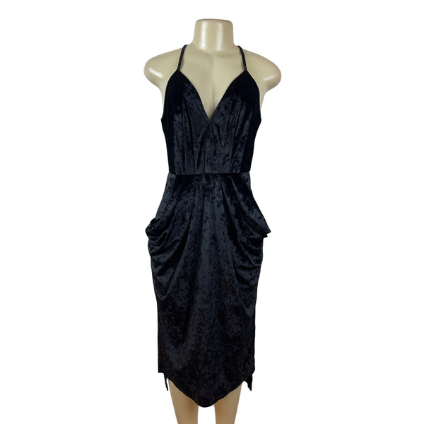 BCBGeneration Black Velvet Halter Midi Dress With Draped Pockets Size S - New