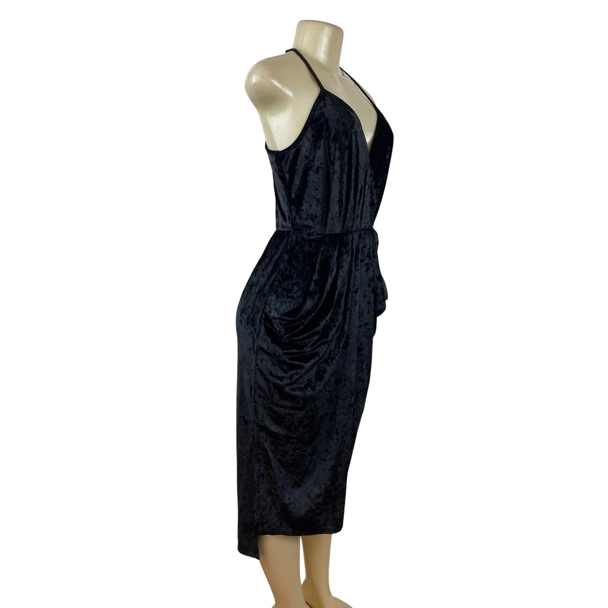 BCBGeneration Black Velvet Halter Midi Dress With Draped Pockets Size S - New