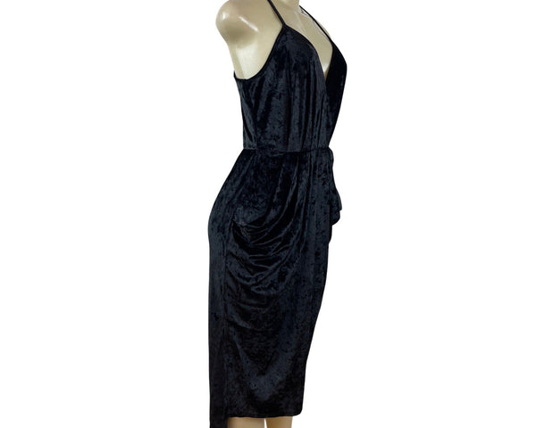 BCBGeneration Black Velvet Halter Midi Dress With Draped Pockets Size S - New