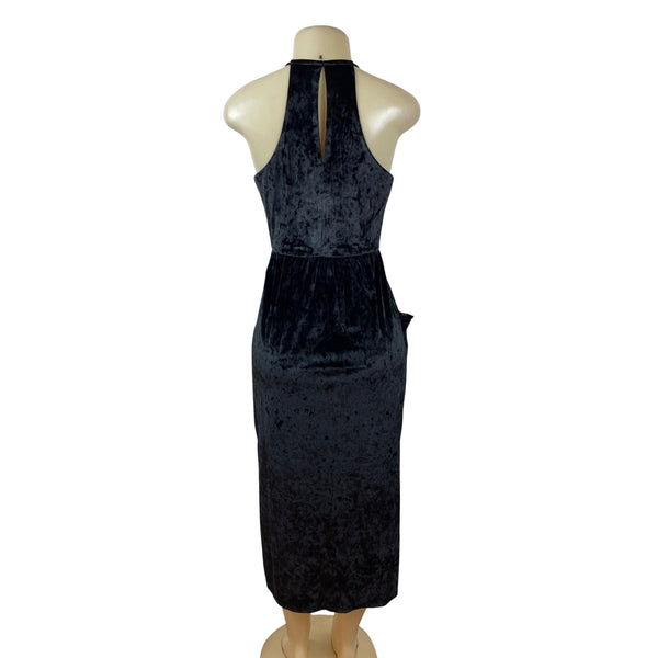BCBGeneration Black Velvet Halter Midi Dress With Draped Pockets Size S - New