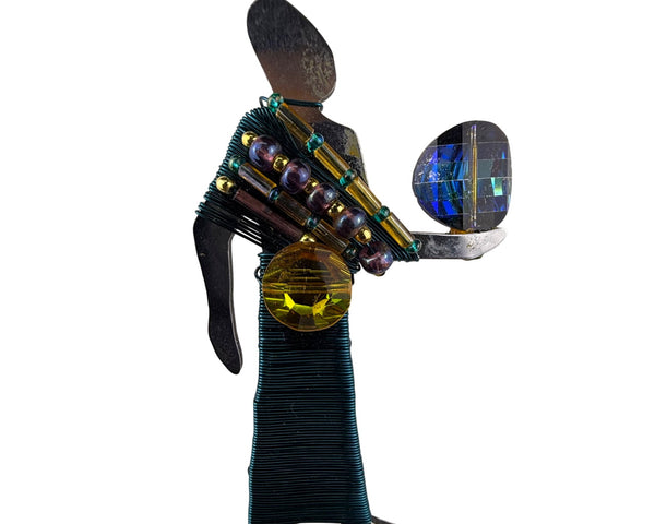 Liztech Gold Tone & Teal Figure Brooch Unique Wire Wrapped Beads Crystals