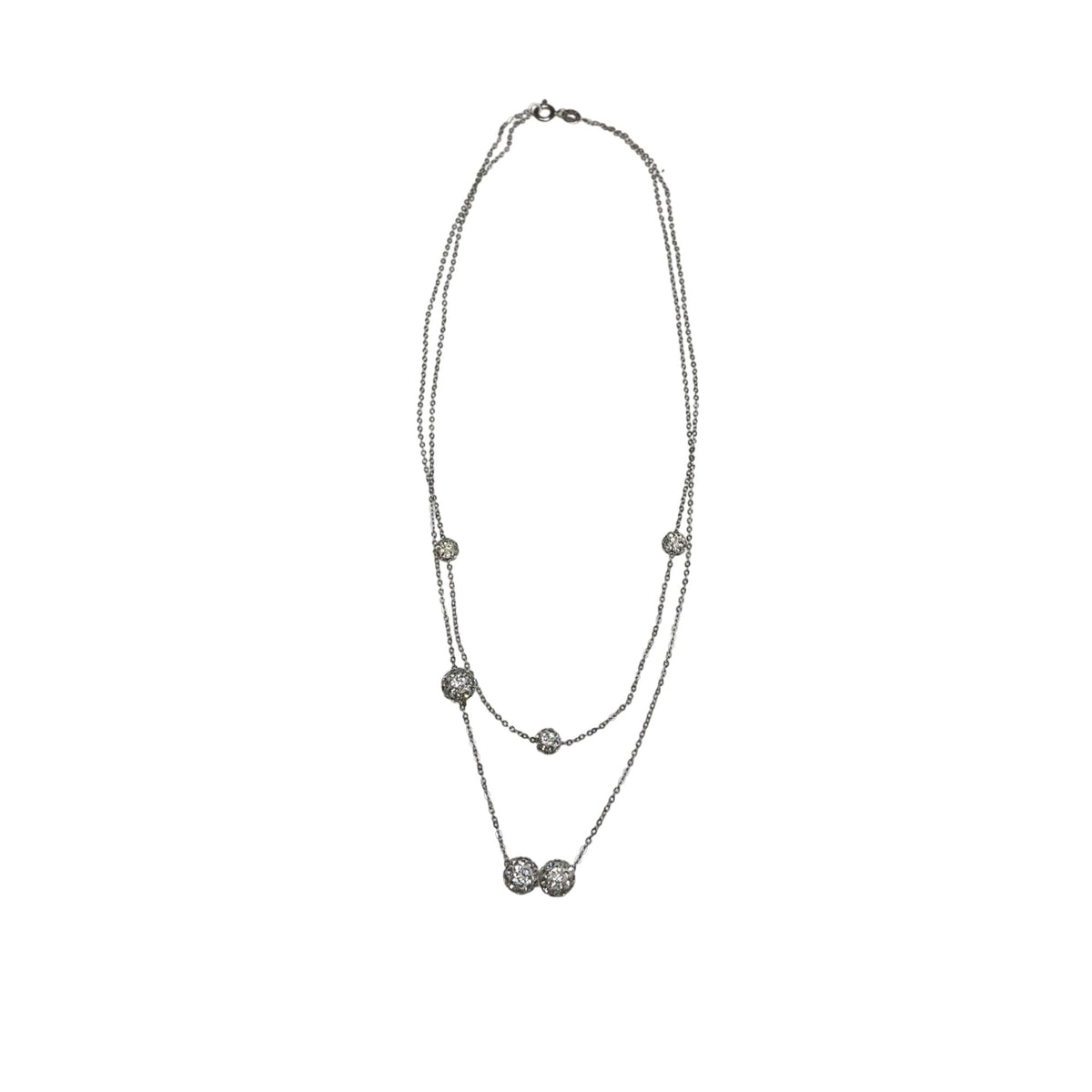 Double Strand Silver Necklace With Pave Bead Accents & Lobster Clasp Thin Elegant Minimalist Design