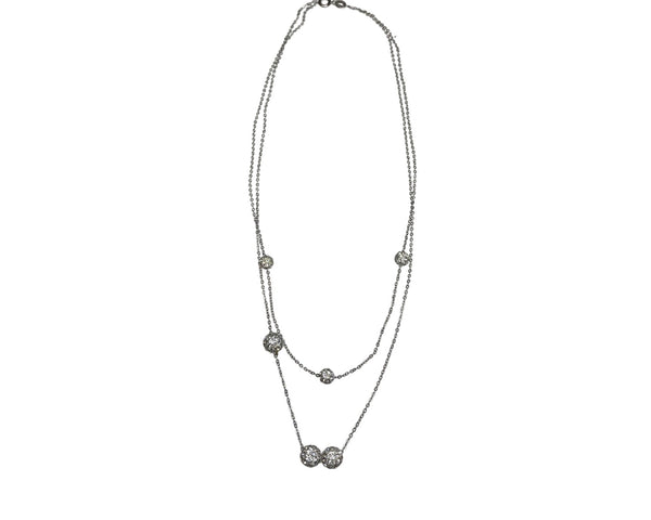 Double Strand Silver Necklace With Pave Bead Accents & Lobster Clasp Thin Elegant Minimalist Design