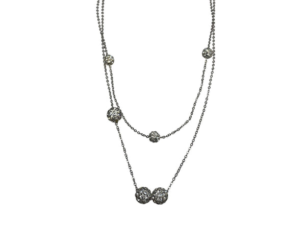 Double Strand Silver Necklace With Pave Bead Accents & Lobster Clasp Thin Elegant Minimalist Design