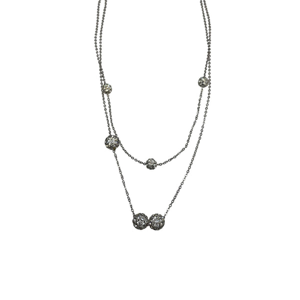 Double Strand Silver Necklace With Pave Bead Accents & Lobster Clasp Thin Elegant Minimalist Design