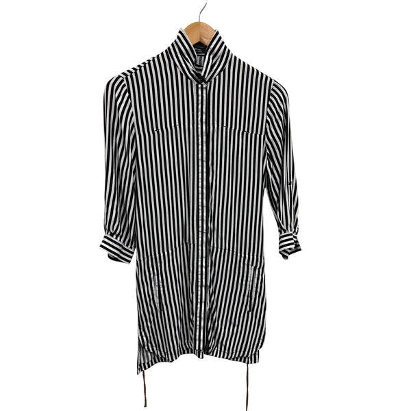 Black & White Striped Button-Up Tunic Top With Adjustable Waist Tie & 3/4 Sleeves
