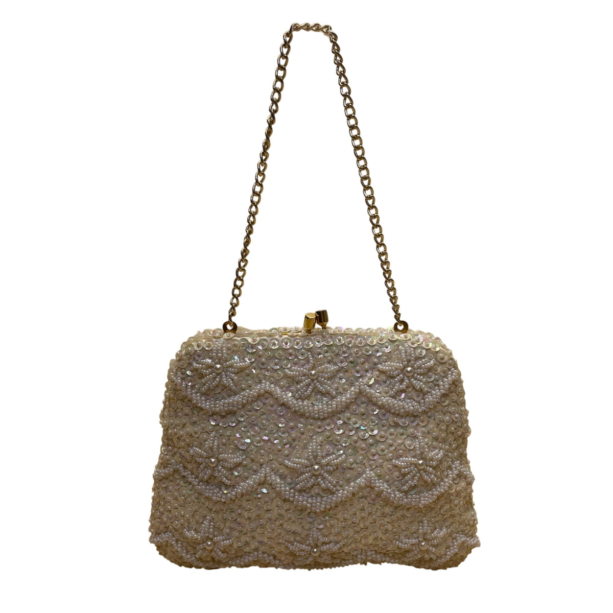 Vintage Design Handmade Women’s White Beaded With Chain Strap Evening Bag