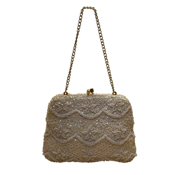 Vintage Design Handmade Women’s White Beaded With Chain Strap Evening Bag