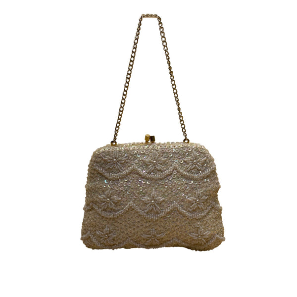 Vintage Design Handmade Women’s White Beaded With Chain Strap Evening Bag