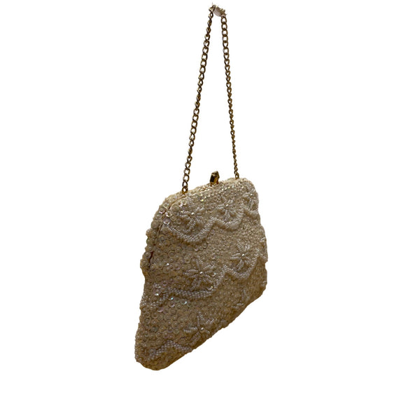 Vintage Design Handmade Women’s White Beaded With Chain Strap Evening Bag